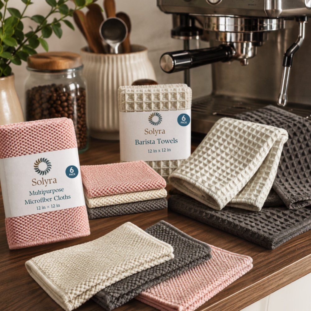 Solyra kitchen cloths and barista towels on a wooden counter beside an espresso machine