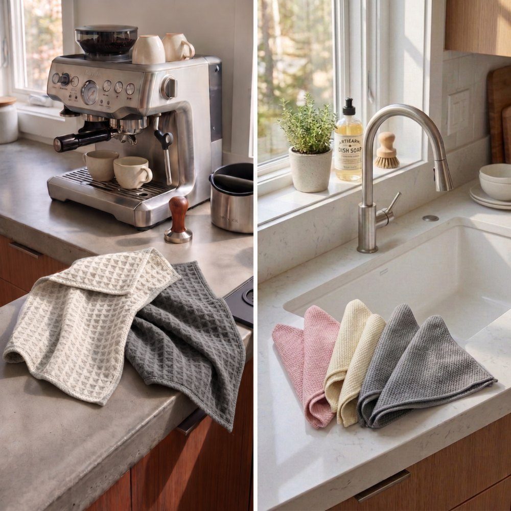 Barista towels beside an espresso machine, and kitchen cloths at a kitchen sink